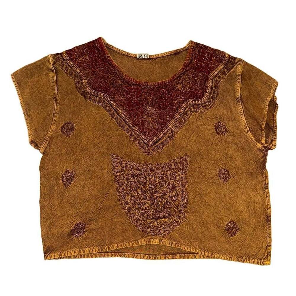 Vintage R.G. Brown Embroidered Beaded Boho Crop Top Free Size Made in India